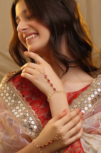 Gold plated kundan red stones haath phool