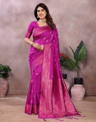 magenta silk blend banarasi saree with blouse  1