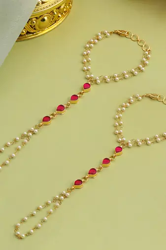 Gold plated kundan red stones haath phool