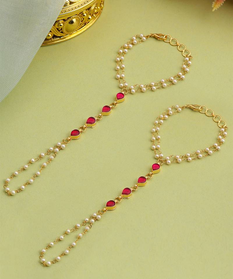 Gold plated kundan red stones haath phool
