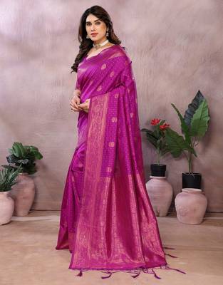 magenta silk blend banarasi saree with blouse  2