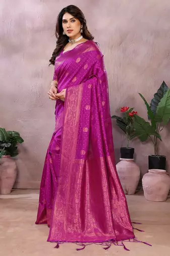 magenta silk blend banarasi saree with blouse 