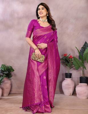 magenta silk blend banarasi saree with blouse  4