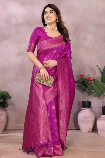 magenta silk blend banarasi saree with blouse 