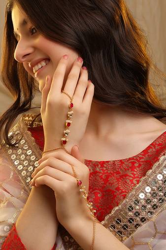 Gold plated kundan red stones haath phool