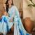 Women's sky blue crepe printed saree with unstitched blouse piece