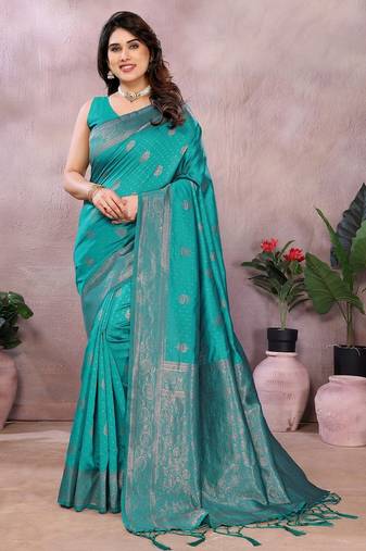 turquoise soft art silk banarasi saree with blouse 