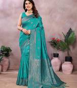 turquoise soft art silk banarasi saree with blouse 