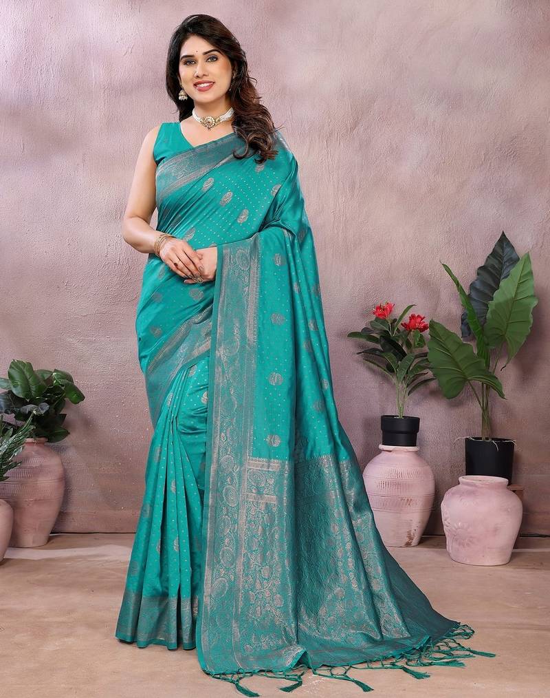 turquoise soft art silk banarasi saree with blouse 