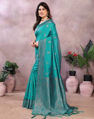turquoise silk blend banarasi saree with blouse  2