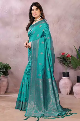 turquoise silk blend banarasi saree with blouse 