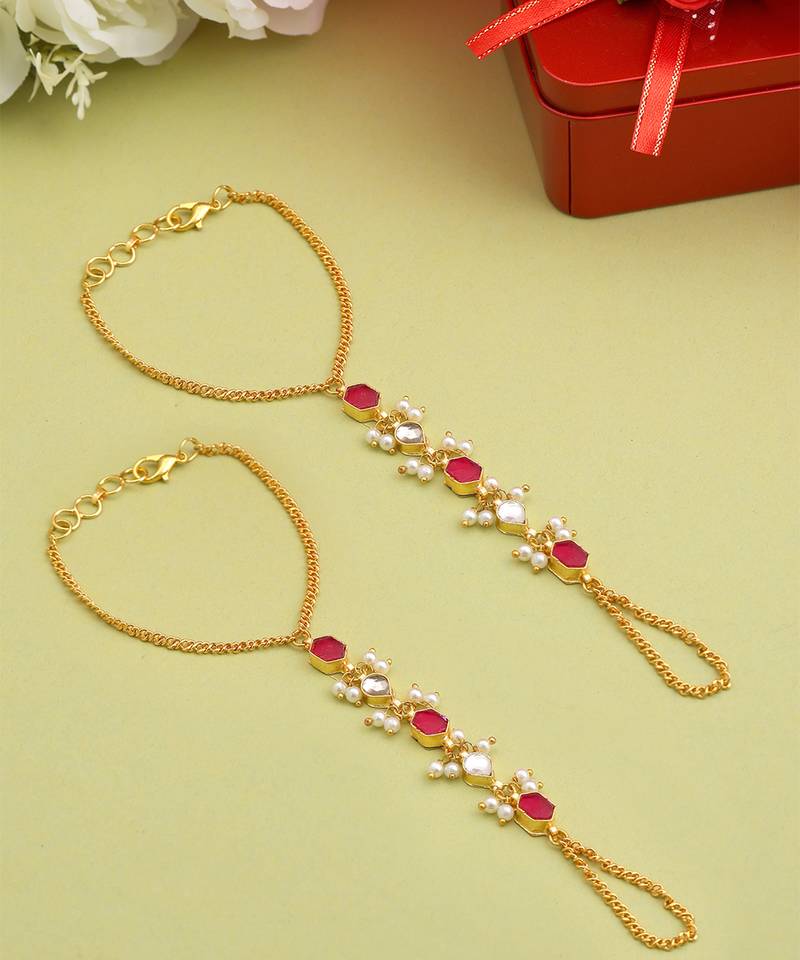 Gold plated kundan red stones haath phool