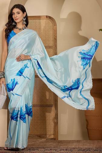 Women's sky blue crepe printed saree with unstitched blouse piece