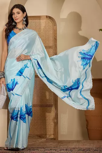 Women's sky blue crepe printed saree with unstitched blouse piece