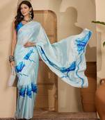 Women's sky blue crepe printed saree with unstitched blouse piece