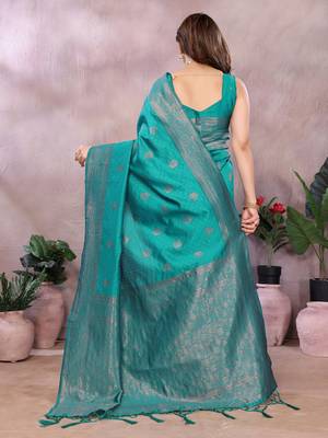 turquoise silk blend banarasi saree with blouse  3