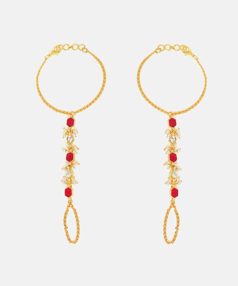 Gold plated kundan red stones haath phool