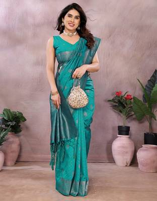 turquoise silk blend banarasi saree with blouse  4