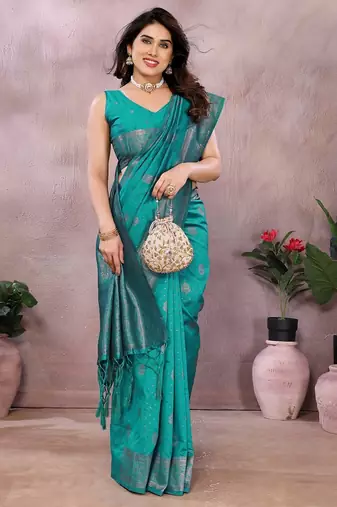 turquoise silk blend banarasi saree with blouse 