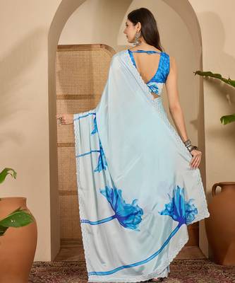 Women's sky blue crepe printed saree with unstitched blouse piece 3