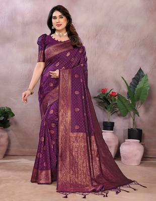 wine silk blend banarasi saree with blouse  1
