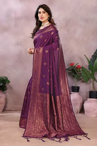 wine silk blend banarasi saree with blouse 