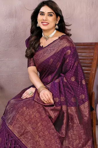 wine silk blend banarasi saree with blouse 