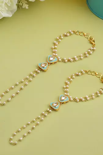 Gold plated kundan green stones haath phool
