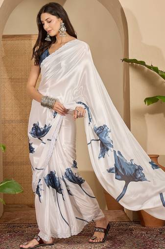 Women's off white crepe printed saree with unstitched blouse piece