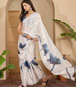 Women's off white crepe printed saree with unstitched blouse piece