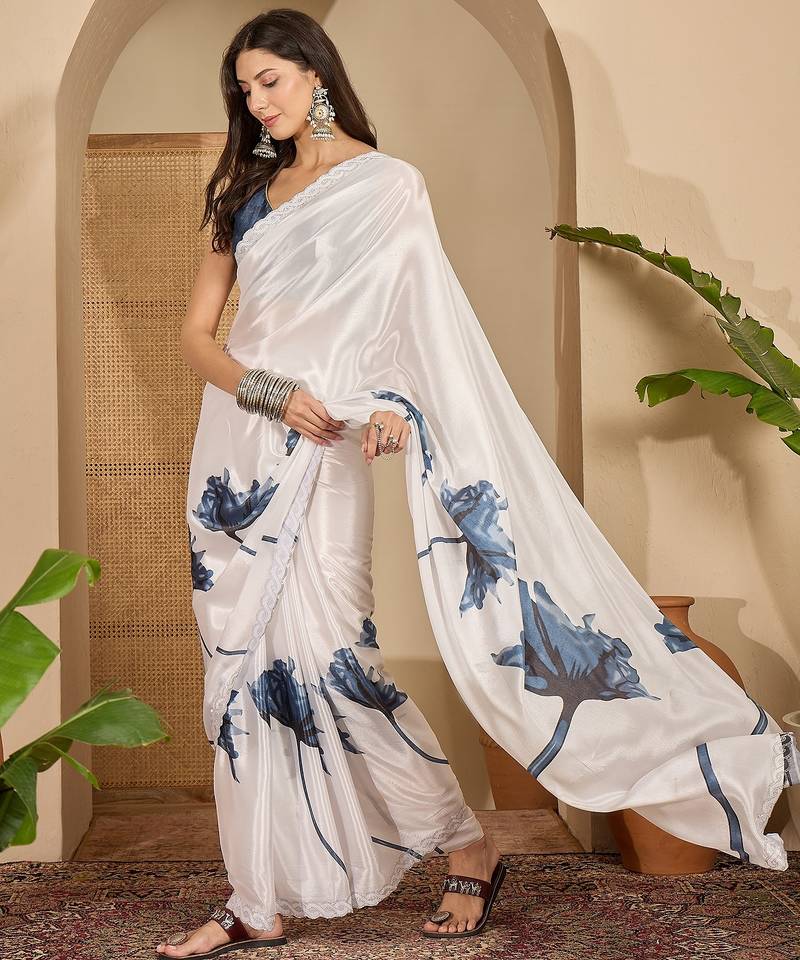 Women's off white crepe printed saree with unstitched blouse piece