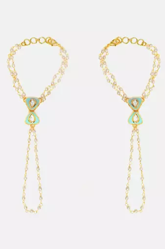 Gold plated kundan green stones haath phool