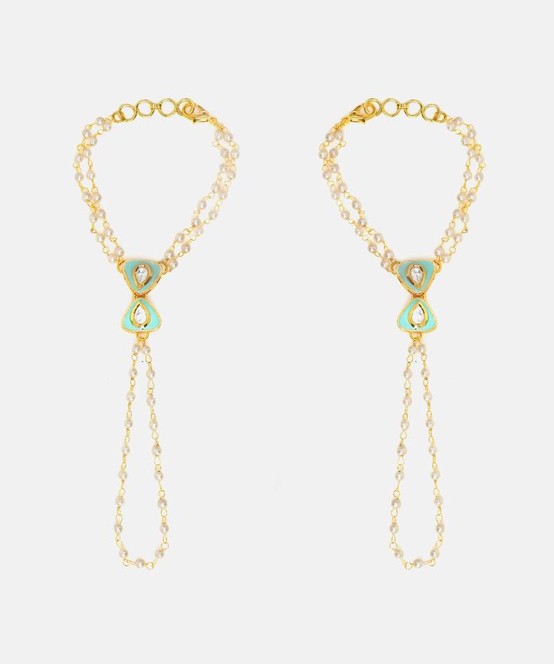 Gold plated kundan green stones haath phool