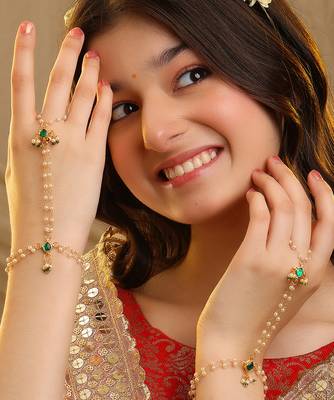Gold plated kundan green stones haath phool 1