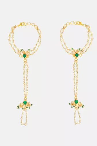 Gold plated kundan green stones haath phool