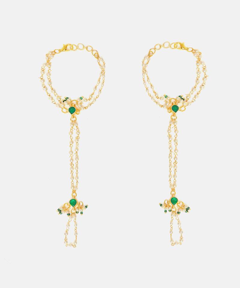 Gold plated kundan green stones haath phool