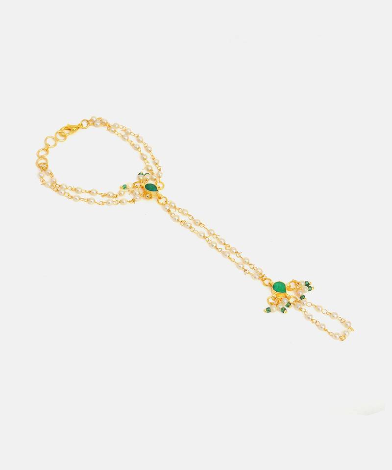 Gold plated kundan green stones haath phool