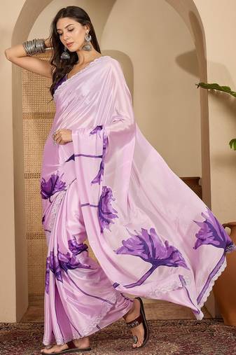 Women's lilac crepe printed saree with unstitched blouse piece