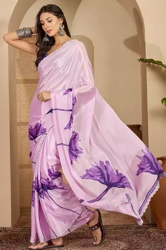 Women's lilac crepe printed saree with unstitched blouse piece