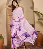 Women's lilac crepe printed saree with unstitched blouse piece
