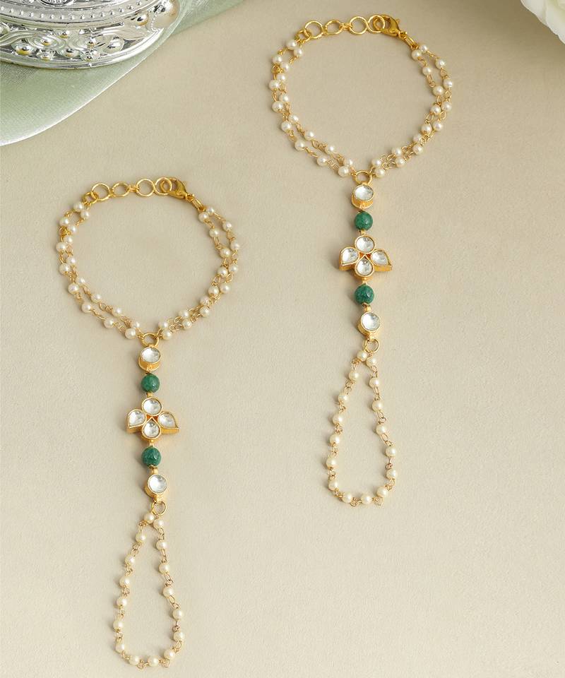 Gold plated kundan green stones haath phool