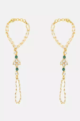 Gold plated kundan green stones haath phool