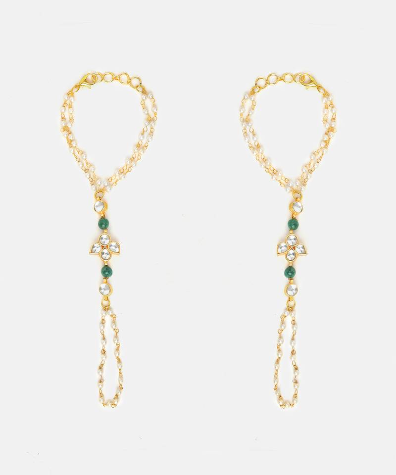 Gold plated kundan green stones haath phool