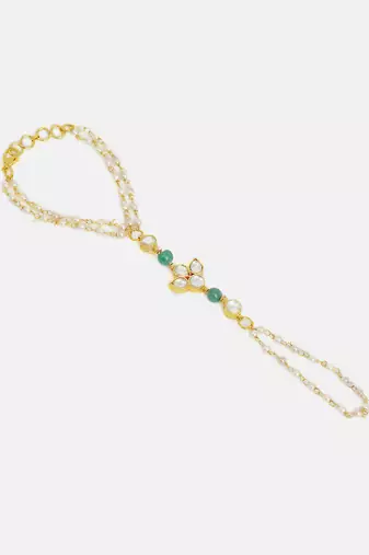 Gold plated kundan green stones haath phool