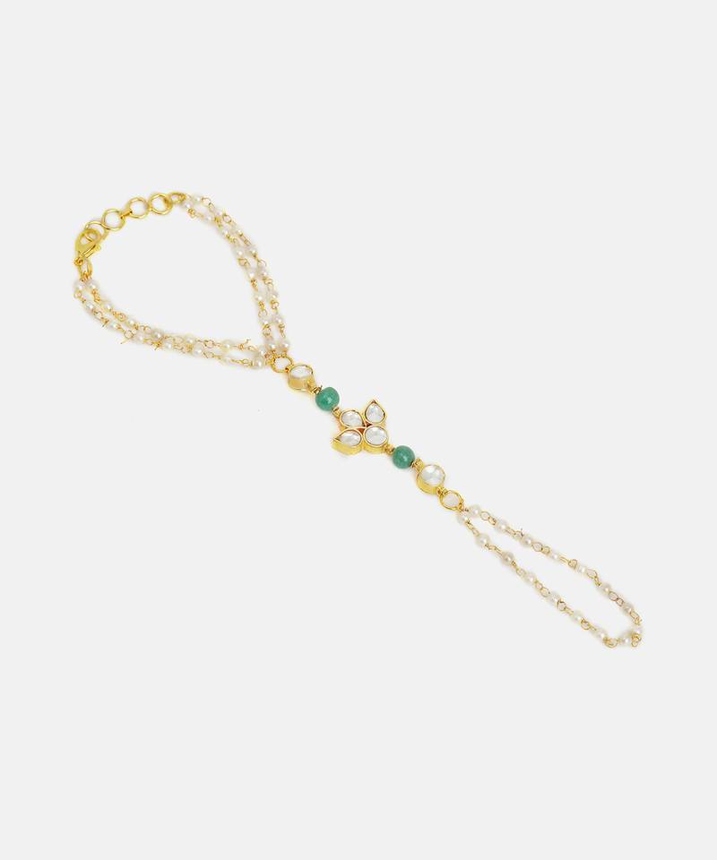 Gold plated kundan green stones haath phool