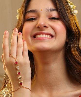 Gold plated kundan red stones haath phool 1
