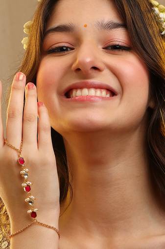 Gold plated kundan red stones haath phool