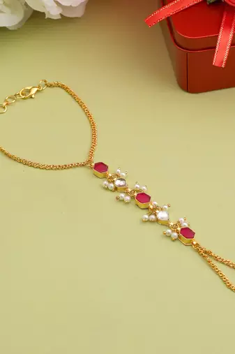 Gold plated kundan red stones haath phool