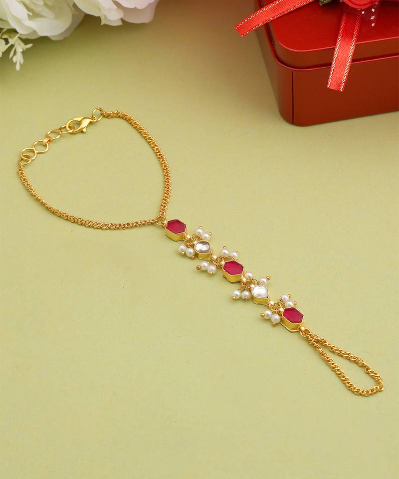 Gold plated kundan red stones haath phool