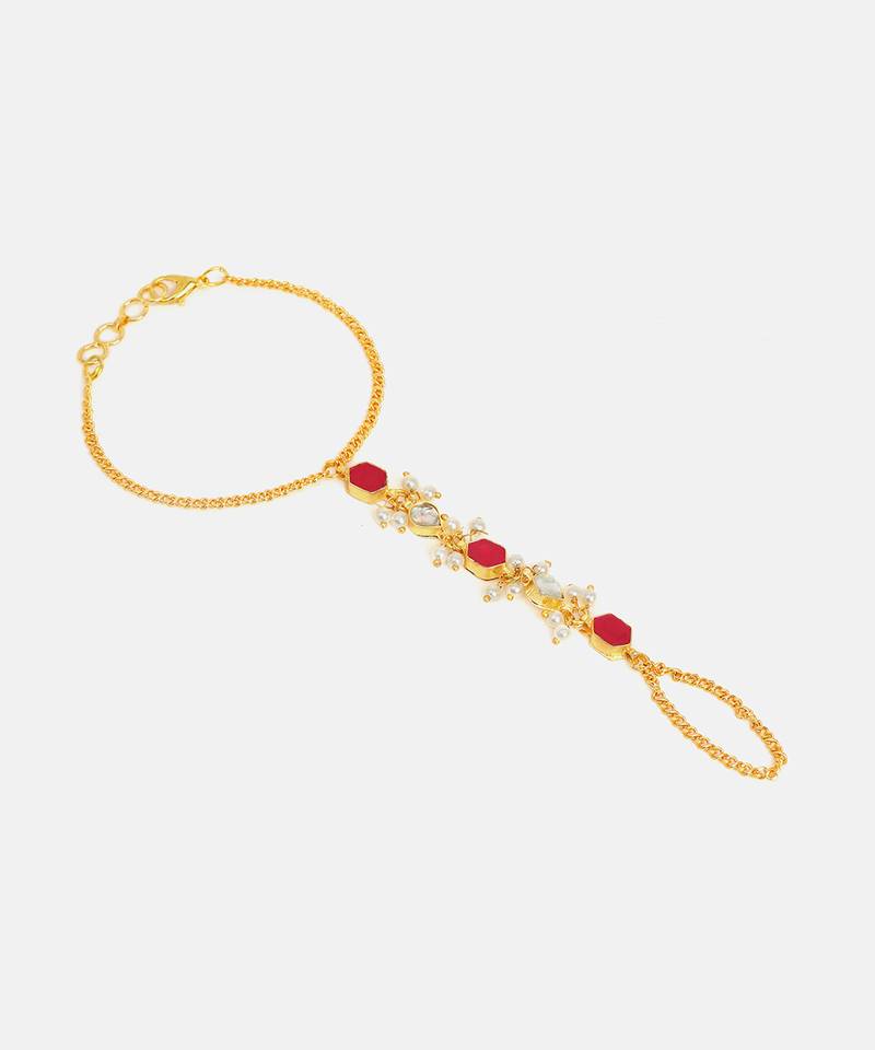 Gold plated kundan red stones haath phool